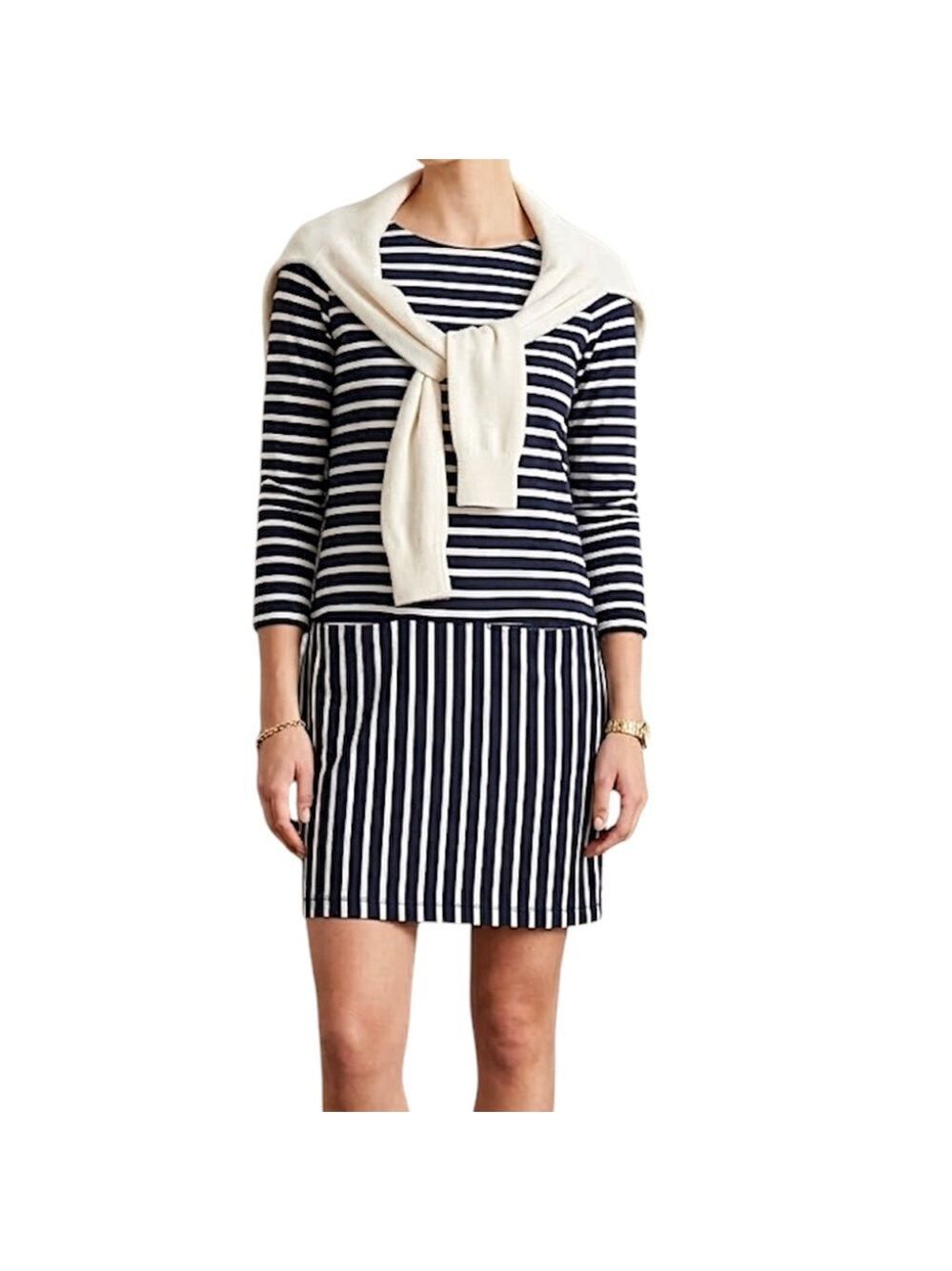 Thought London pure cotton jersey knit blue white nautical stripe dress EU 36